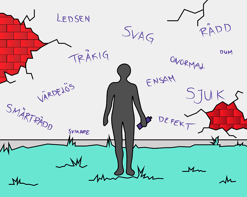 Siluett av person mot vägg med grafitti